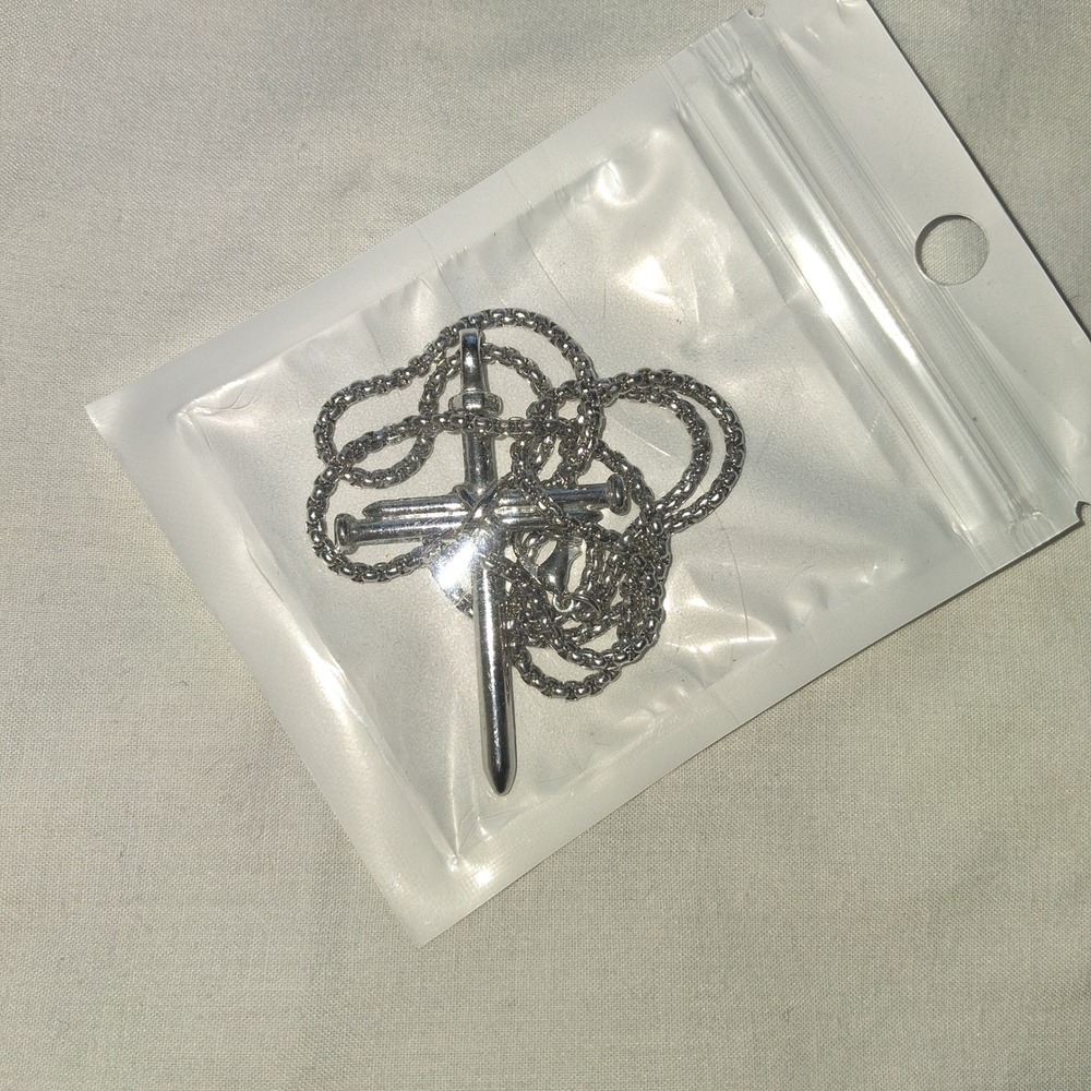 Silver Nail Cross Pendant Necklace Wheat Chain Religious Jewelry Unisex NEW